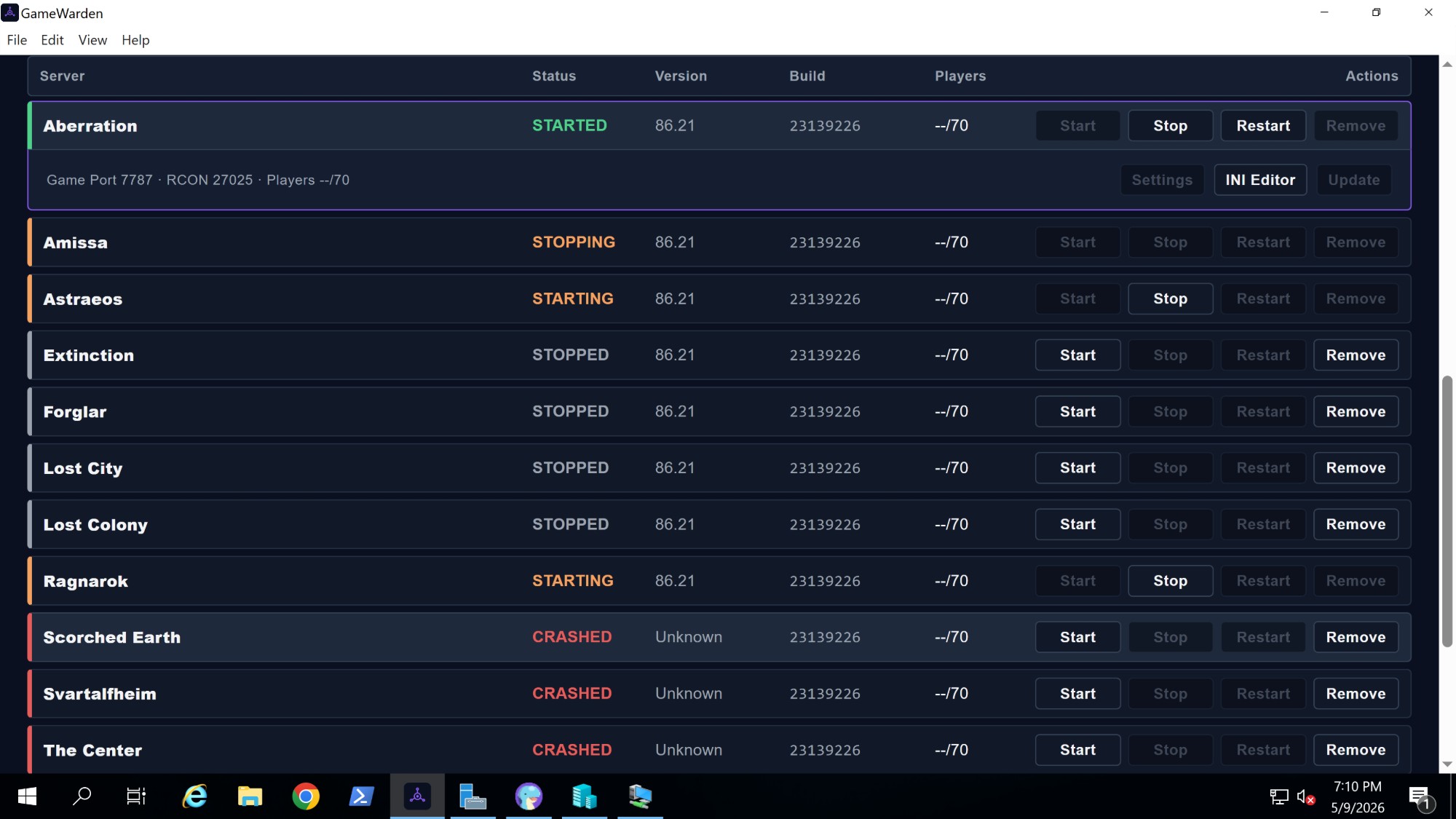 GameWarden dashboard showing servers in various states